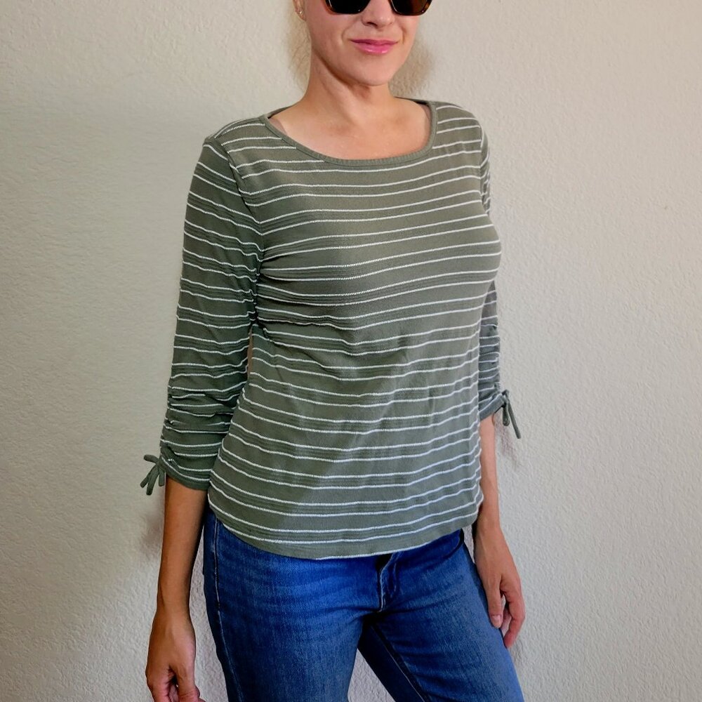 Talbots Tops Medium Green Shirt 3/4 Sleeve Stripe Cotton Womens